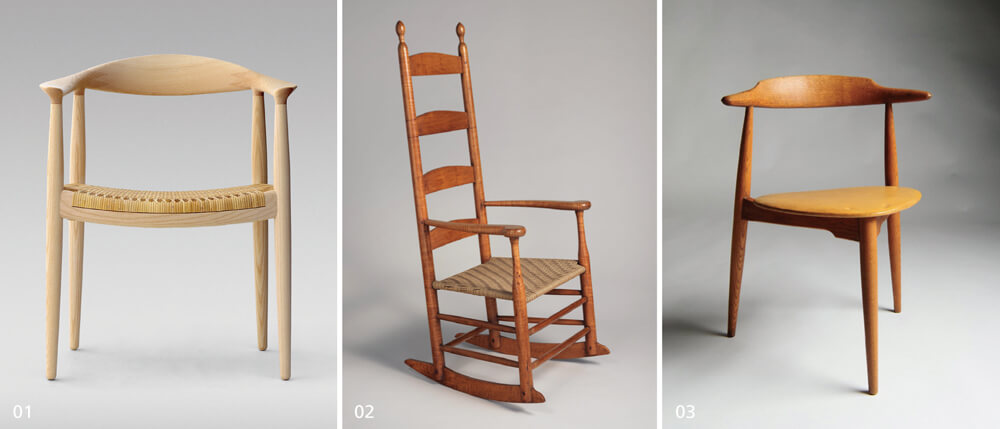 01_The Chair，1949年發(fā)表以來已經(jīng)成為韋格納著名的代表作。02_Shaker Rocking Chair CH45，美國總統(tǒng)甘迺迪（John F. Kennedy）因為曾參與戰(zhàn)爭，背部受到砲擊破片受傷，因此特別喜愛這張舒適的搖椅。03_The Heart Chair心形椅，現(xiàn)代較為少見的三腳支撐座椅，似乎與丹麥古老民宅內(nèi)有泥土地的房間有關(guān)，在凹凸不平處較為穩(wěn)固