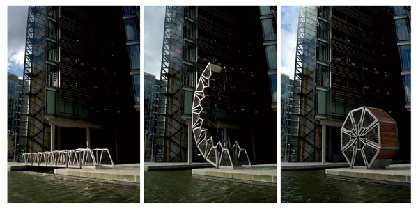 卷動橋是一個大膽創新的實驗，Heatherwick Studio把固定式的建物變成增加生活彈性的創新可能，兼具行人徒步與水道通行。Photo credit：SteveSpeller