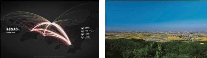 左圖:RESAS Prototype可將現有大數據信息視覺化。右圖:日本福岡縣三山市。