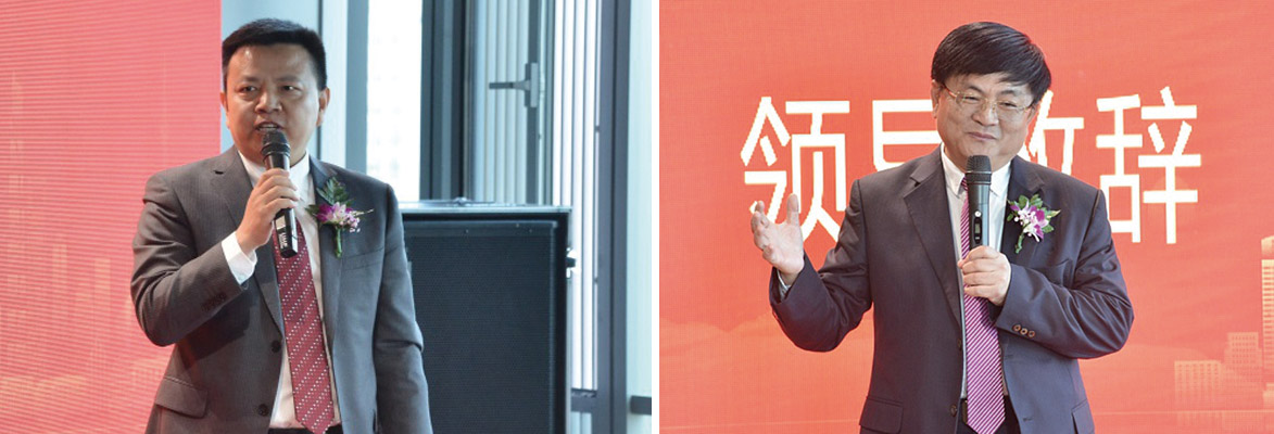 左圖：震旦家具直銷群劉建偉總經理致辭   右圖：杭州臺商協會會長劉光榮開業致辭
