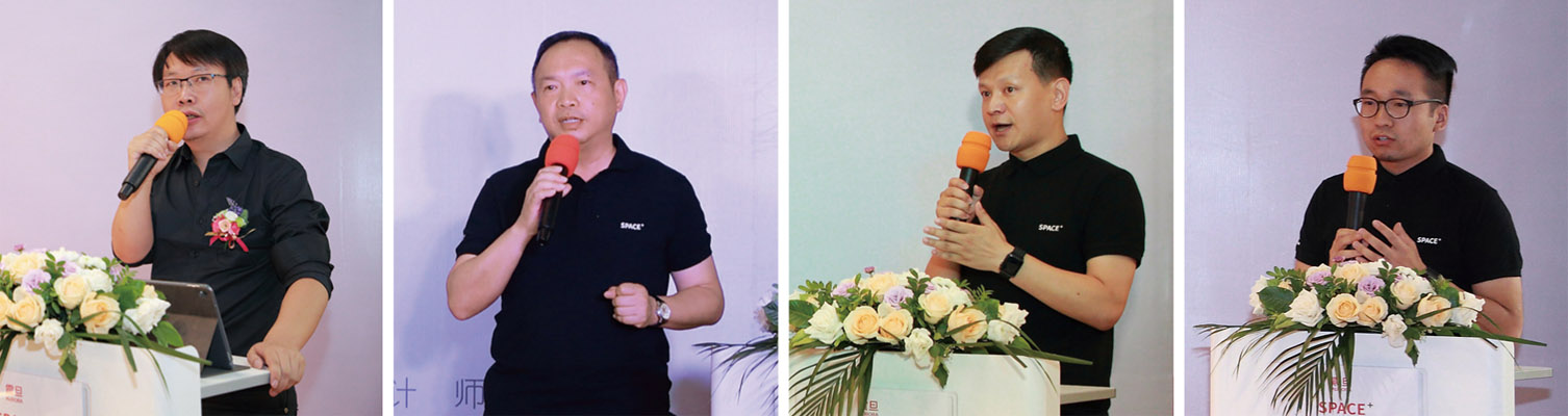 左至右：劉曉彬先生做“企業文化在辦公空間設計中的體現”主題分享。震旦家具郭炳宏總監致辭。震旦家具吳濤總監致辭。震旦家具創新中心資深設計師趙金松為大家講解space+辦公新體驗。
