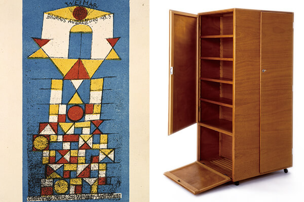 (左)導師之一的克列（Paul+Klee）為1923年的包浩斯展覽所創(chuàng)作的作品。+(右)Josef+Pohl設計的單身漢衣櫥。