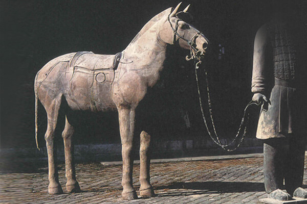 秦代．陶馬+秦代陶馬與真實馬匹的大小相當，肌肉結實，筋骨矯健，神情機警，氣勢剛強。（圖二）+圖片來源：《中國陶瓷全集3－秦漢》，頁44/圖15