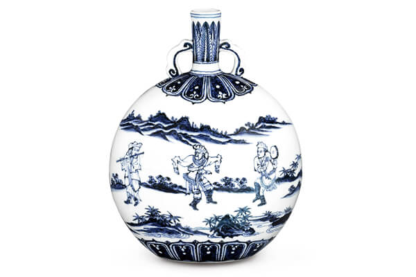 明永樂+青花人物紋雙耳扁壺