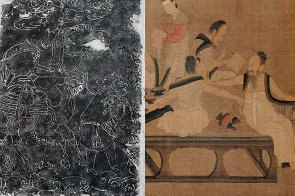 圖三：（左）《商旅圖》畫像石，北齊；（右）楊子華《校書圖》（局部），北齊。